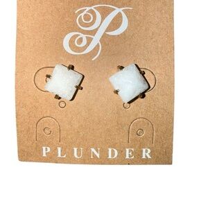 Plunder White Druzy Square Stud Earrings with Gold Prongs